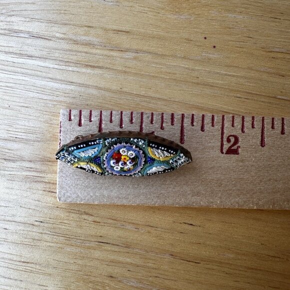 Vintage Brooch Pin 1 5/8" Multicolor Italian Micro Mosaic Glass Flowers Oval - Picture 8 of 10